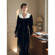 黑色V领丝绒连衣裙女2026年春季 A字年会礼服裙子 收腰长款 新款 法式