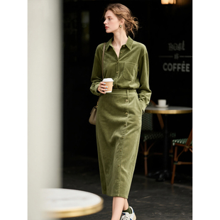 高腰半身裙两件套 高级感衬衫 绿色纯棉灯芯绒套装 女2025年秋冬新款