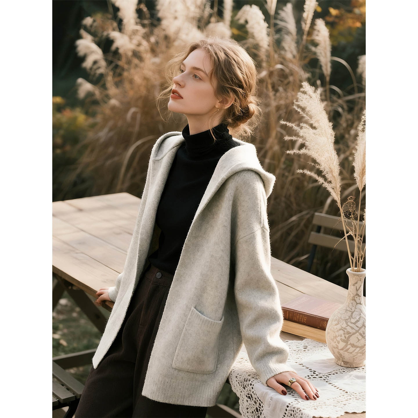 米色连帽毛衣外套女2025年秋冬