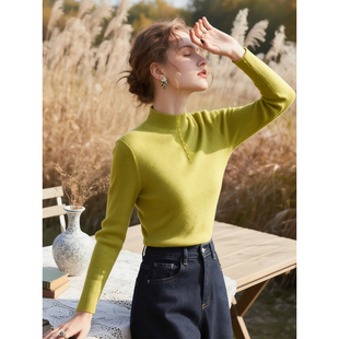 果绿色长袖毛衣针织衫女2025年秋冬新款半高领修身显瘦绝美上衣