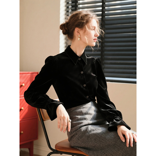 法式翻领黑色丝绒衬衫女2026年秋冬新款复古风喇叭袖百搭衬衣上衣