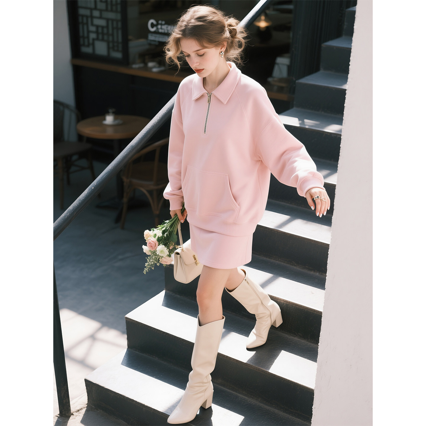 浅粉色休闲套装女2026年春季新款温柔减龄POLO领卫衣半身裙两件套,女装/女士精品,时尚套装,淘宝优惠券,粉丝福利购,淘宝优惠卷