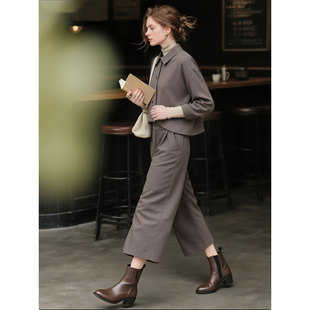 阔腿裤 高级感洋气百搭衬衫 两件套 女2025年秋冬新款 灰棕色磨毛套装