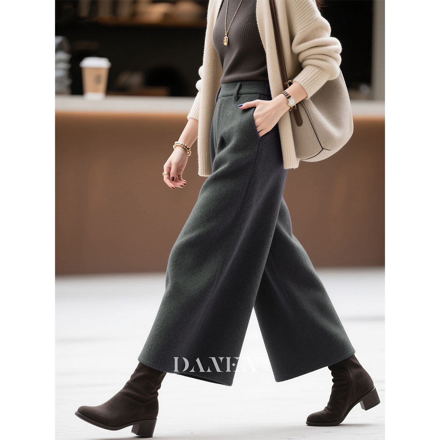 灰色高腰显瘦羊毛阔腿裤女