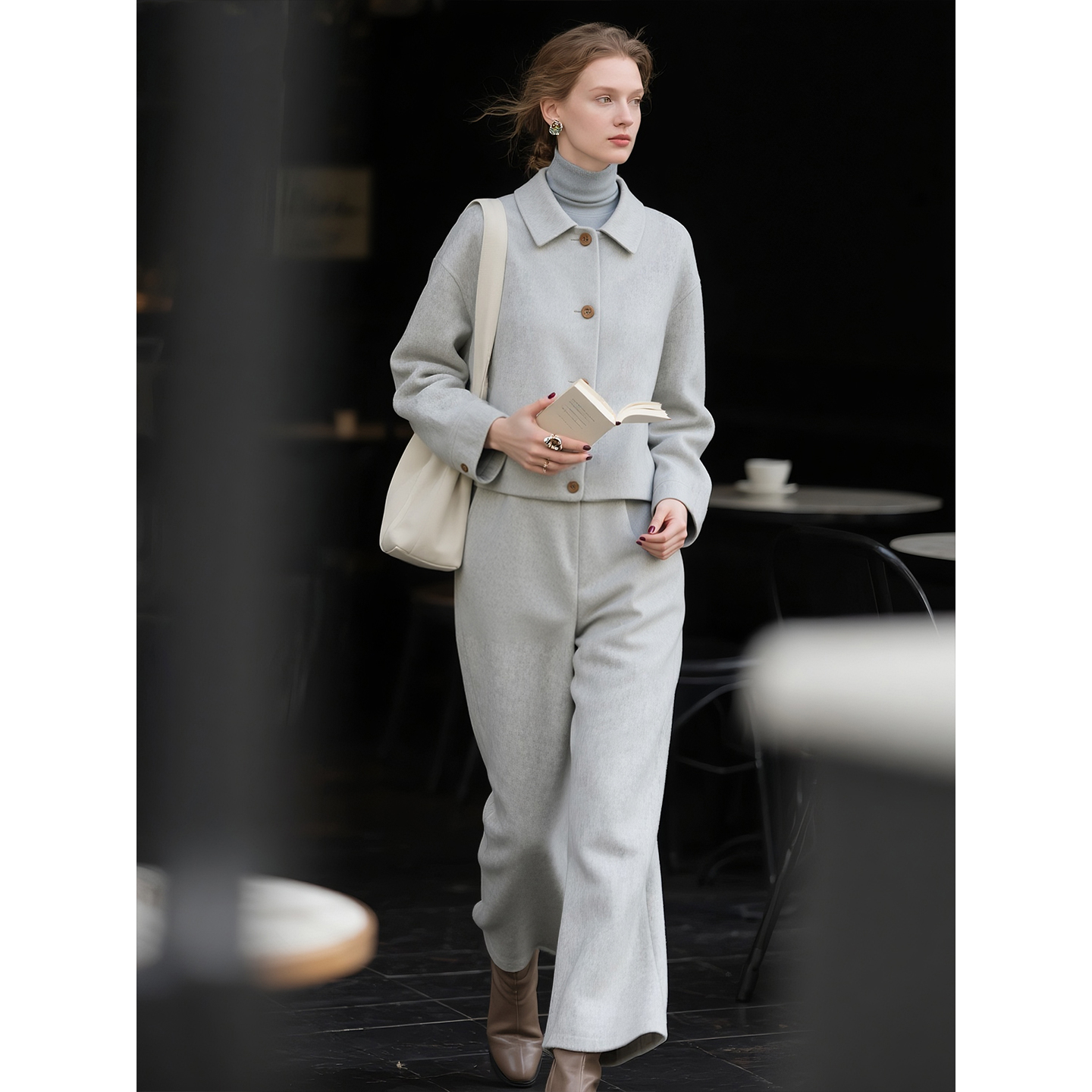 白灰色外套九分裤羊毛两件套女