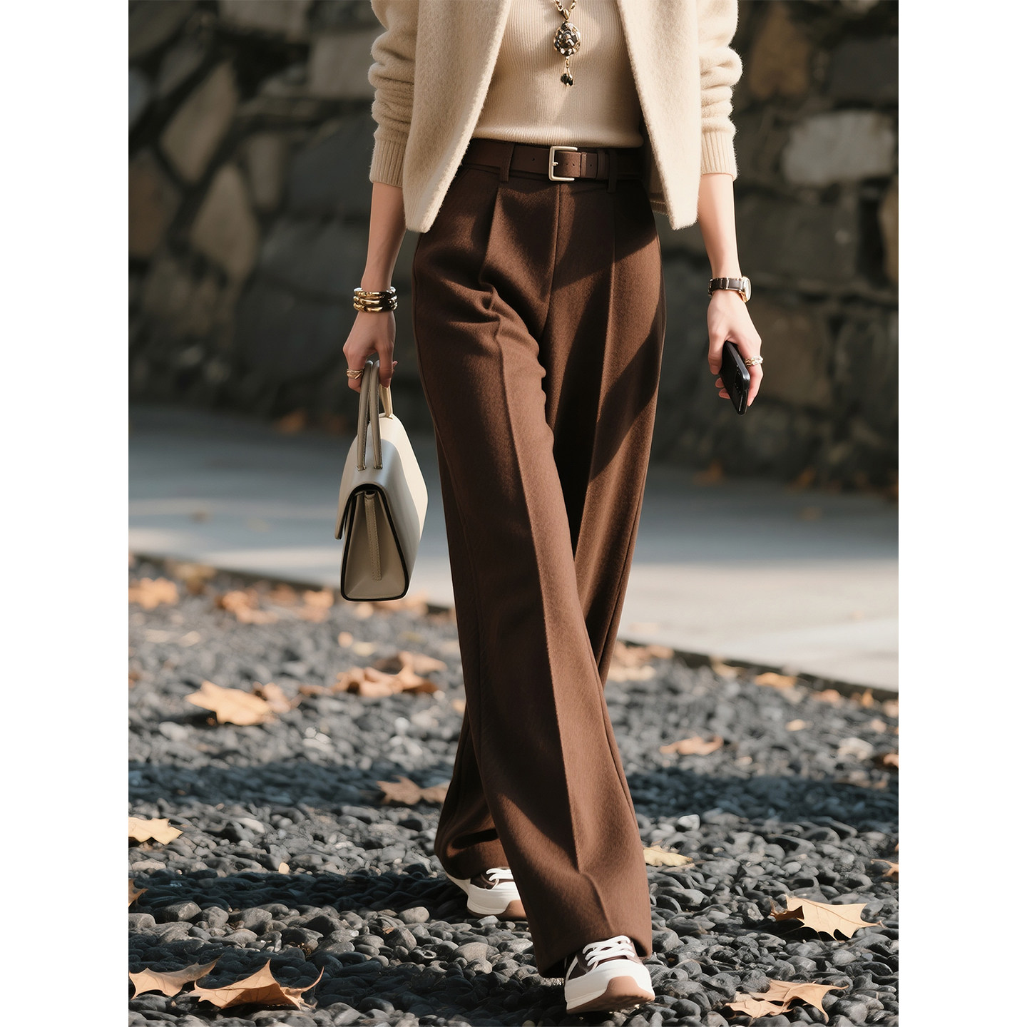 咖啡色高腰西装阔腿裤女2025年