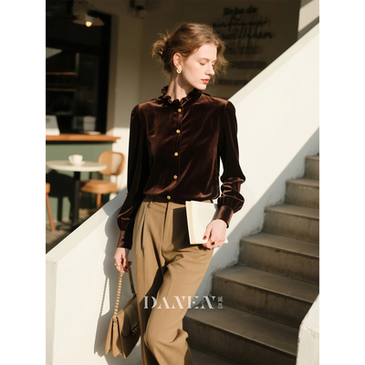 深棕色丝绒衬衫女2025年秋冬新款