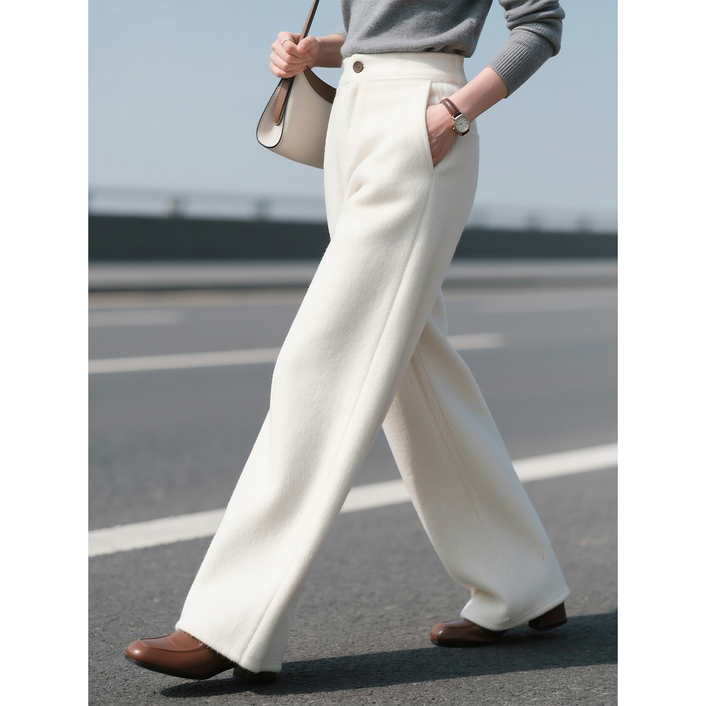 白色羊毛阔腿裤女2025年秋冬新款