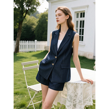 深蓝色牛仔套装女2025年夏季新款复古无袖翻领上衣高腰短裤两件套