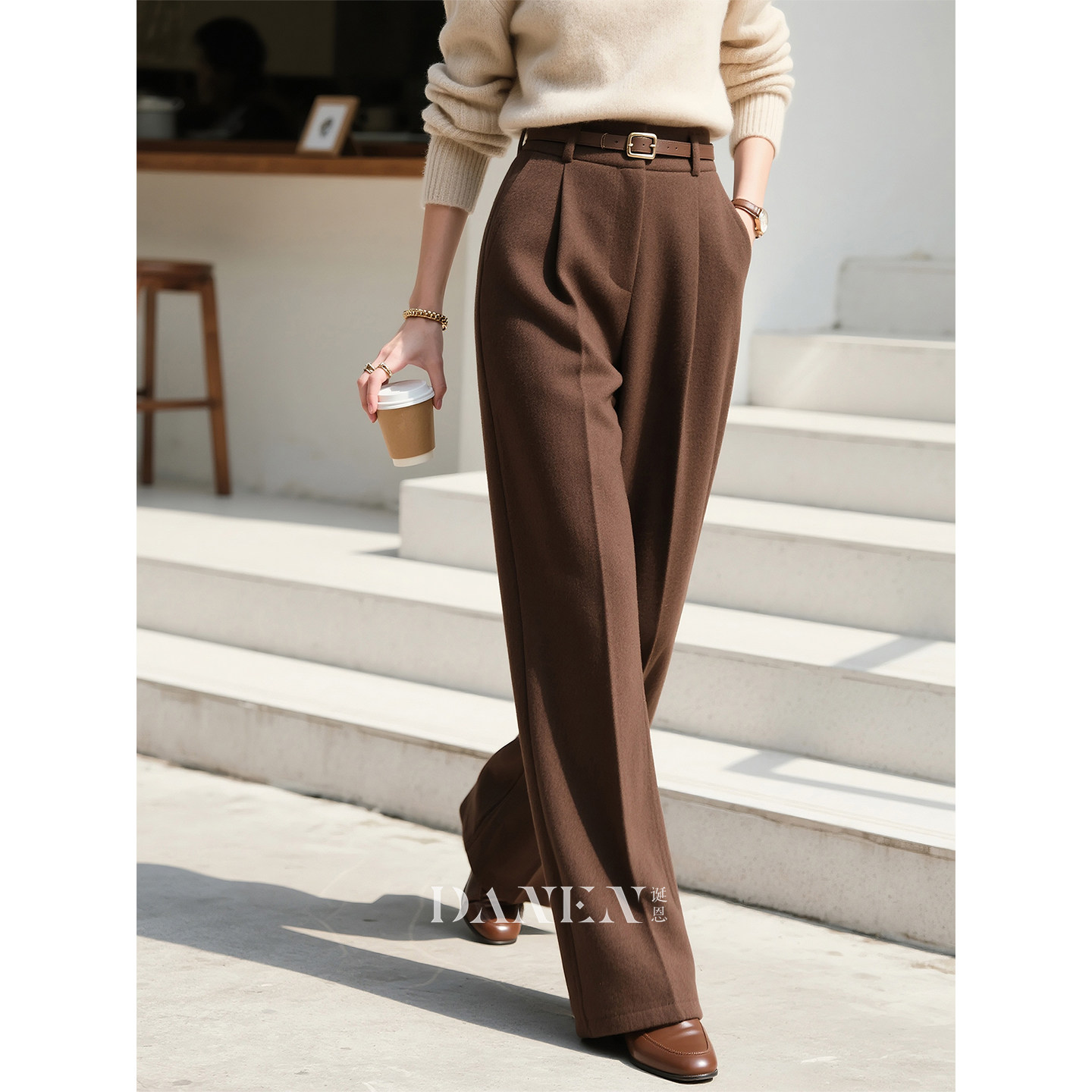 咖啡色高腰阔腿裤女2025年秋冬款