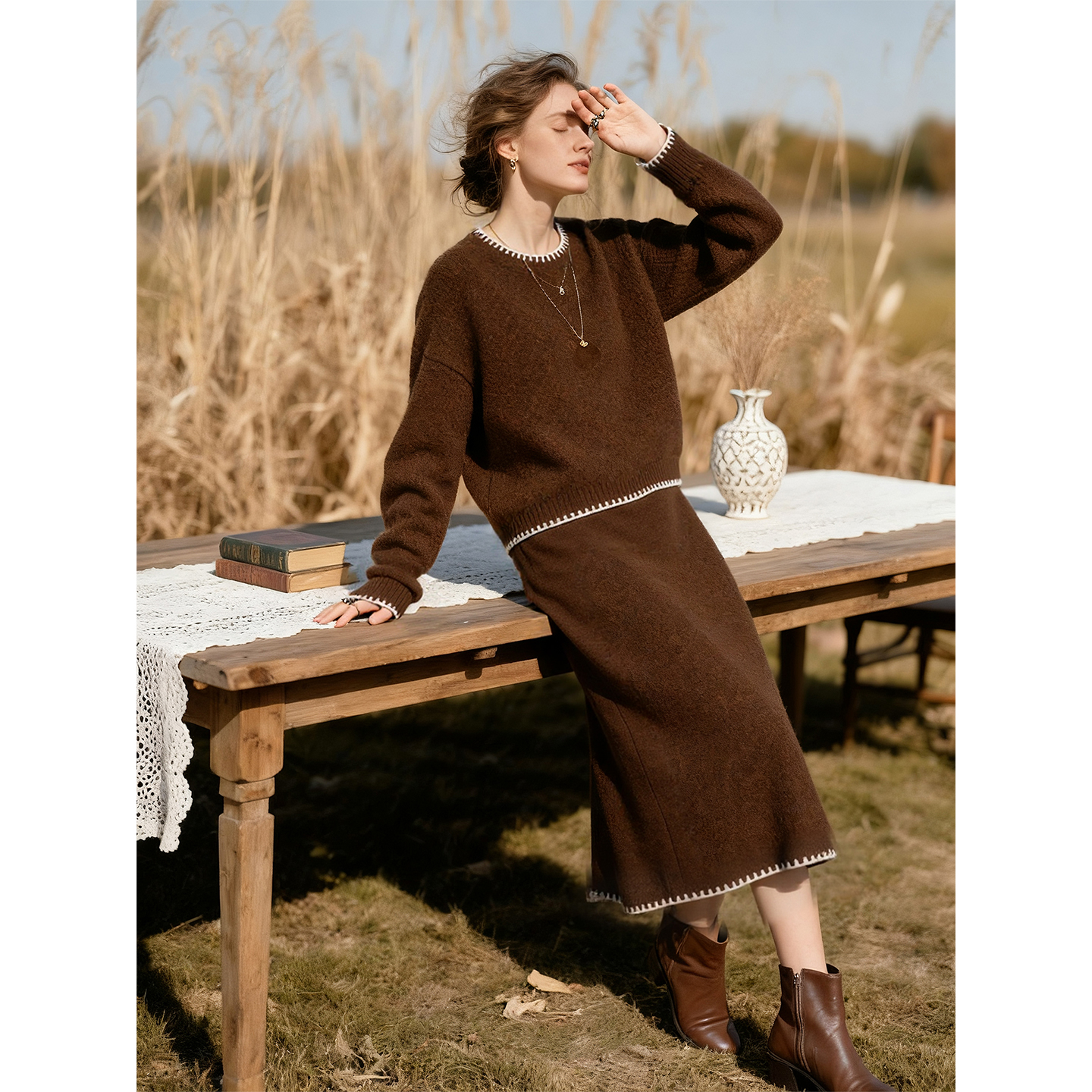 美拉德咖啡色羊毛针织衫套装裙女
