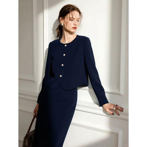 藏青色小香风套装女春季两件套