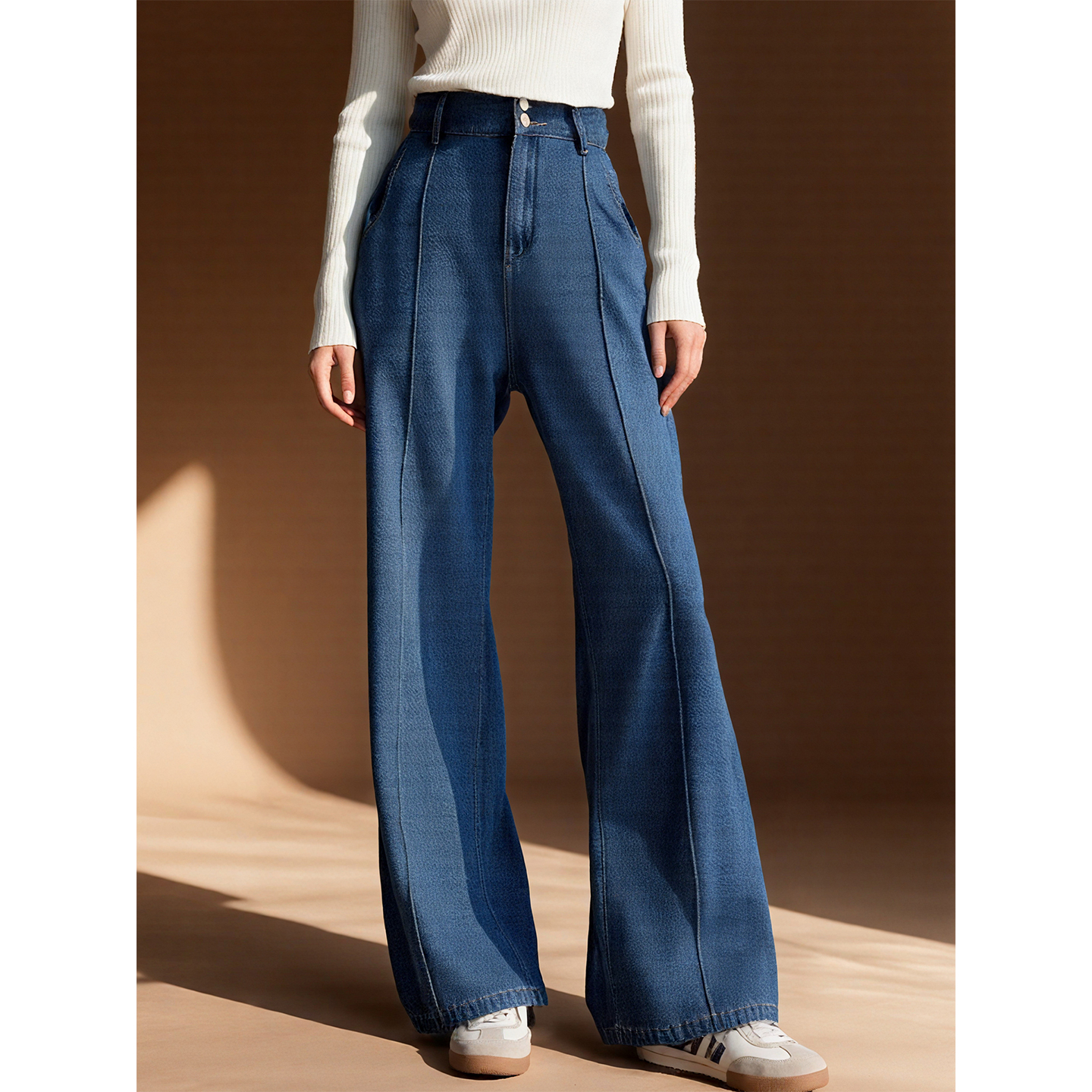 蓝色高腰牛仔阔腿裤女2025年秋季