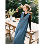 新款 蓝色V领无袖 牛仔背心连衣裙女2026年春季 复古风气质显瘦裙子