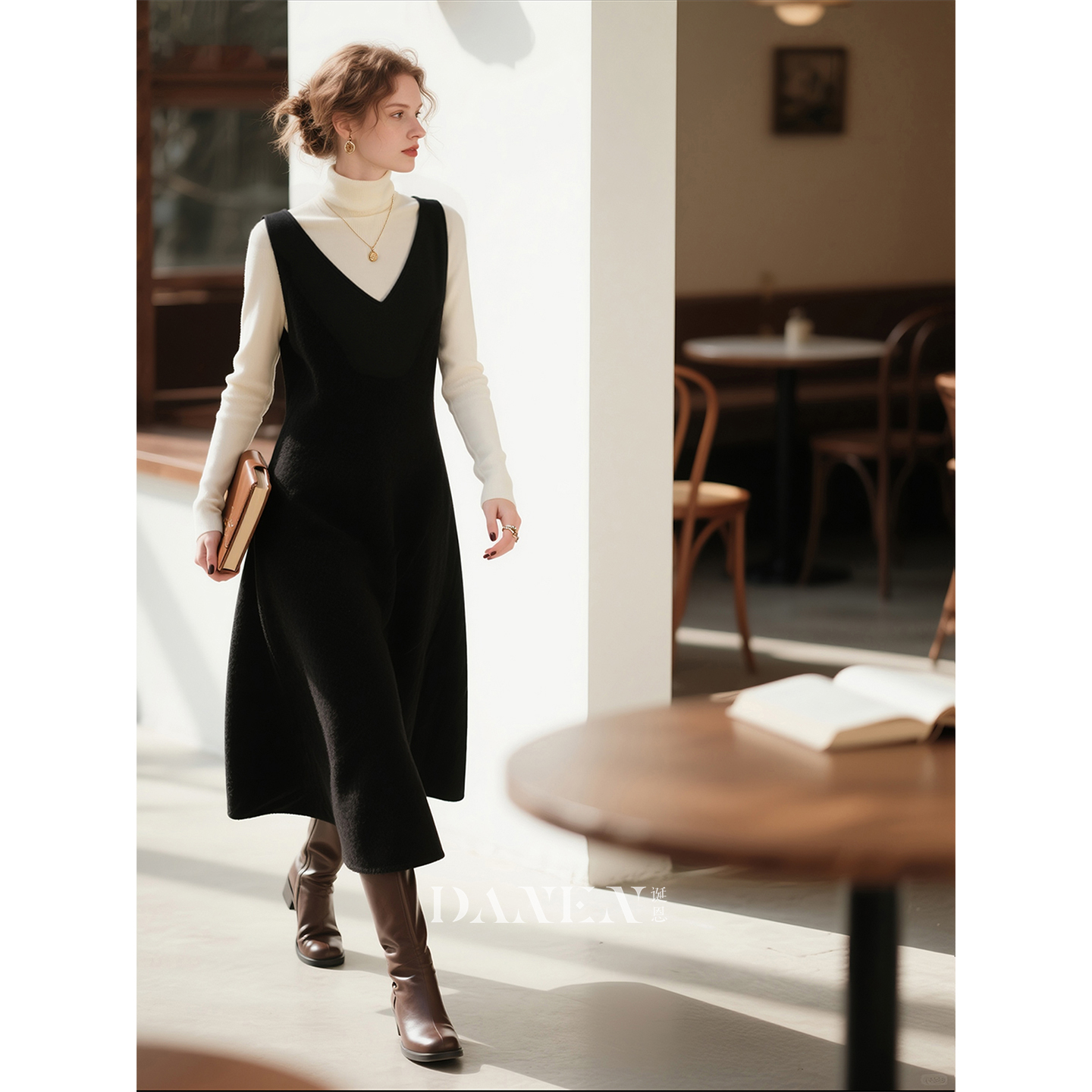 黑色复古叠穿背心连衣裙女2025年