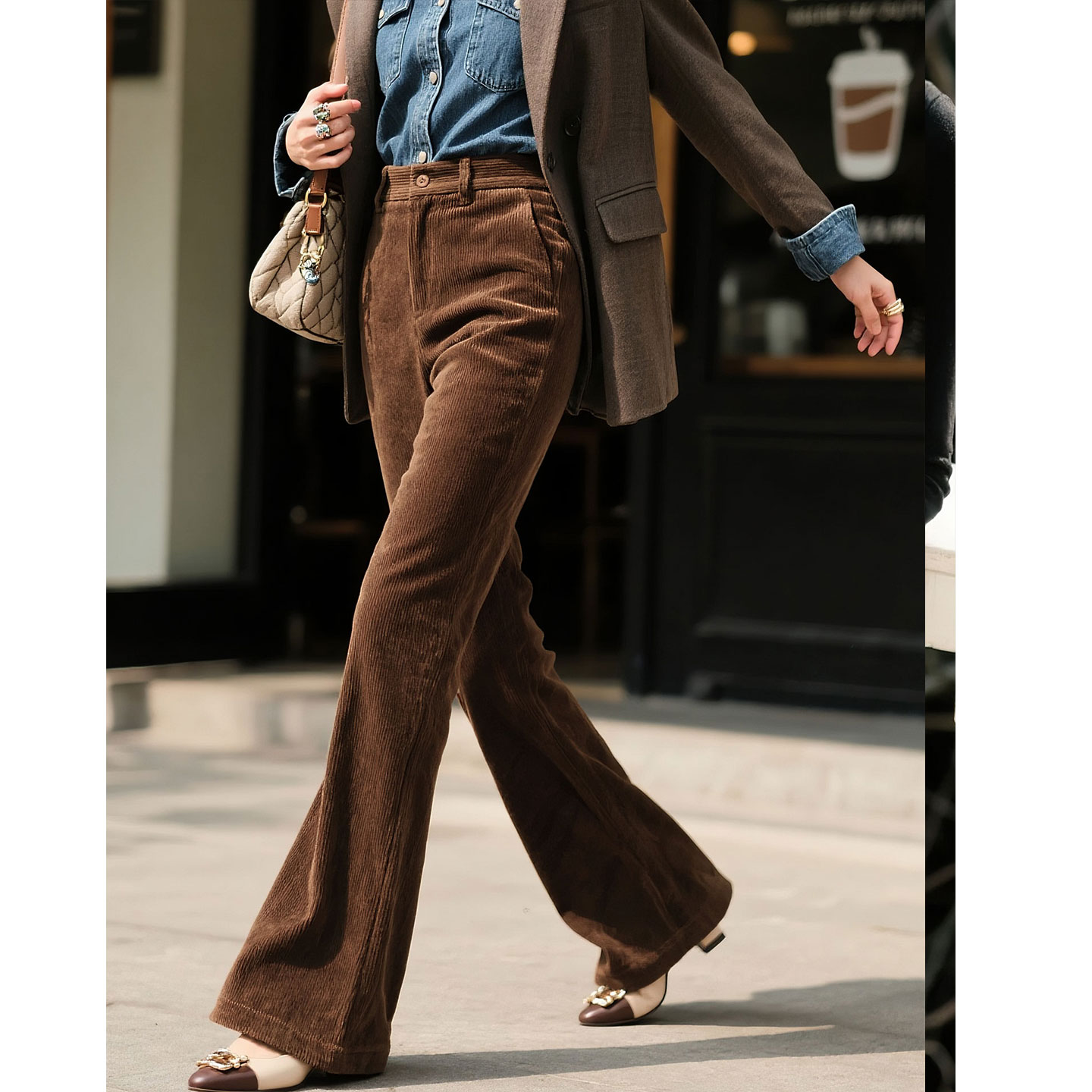 咖棕色深咖色灯芯绒休闲裤女直筒