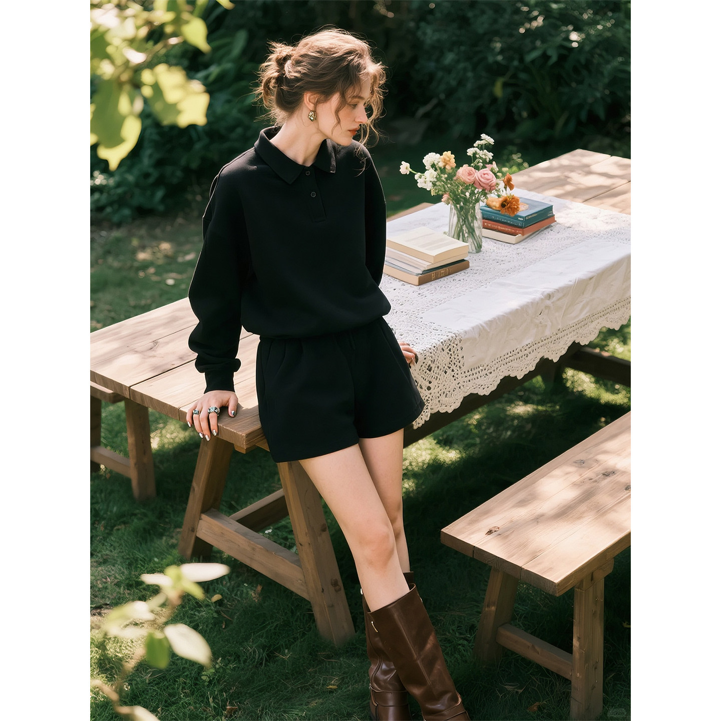 黑色极简风POLO领卫衣套装女2026年春季新款休闲通勤短裤两件套,女装/女士精品,时尚套装,淘宝优惠券,粉丝福利购,淘宝优惠卷