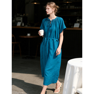 优雅风系带收腰显瘦气质穿搭 新款 绿色天丝短袖 连衣裙女2026年夏季