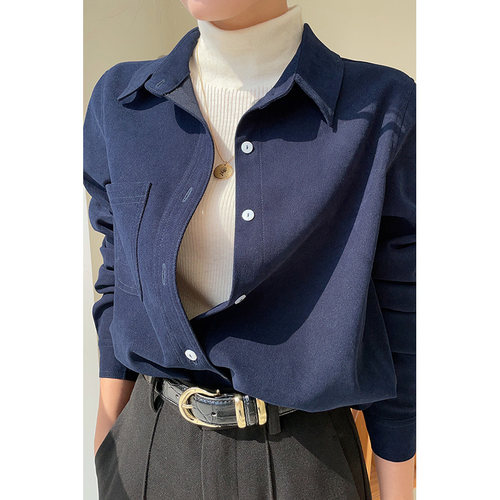 藏青色衬衫秋冬长袖polo领复古