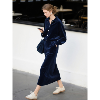 深蓝色灯芯绒时尚套装女2025年