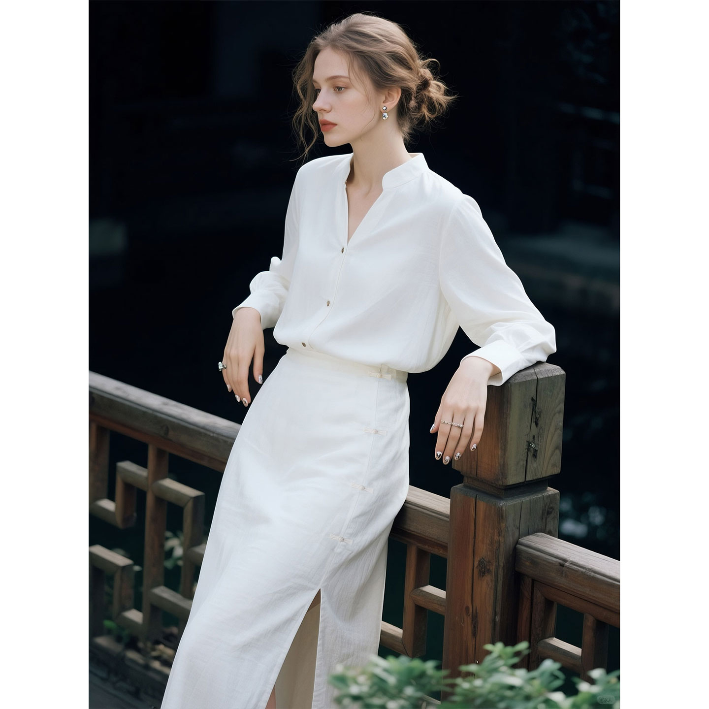 白色莱赛尔天丝衬衫套装女秋季