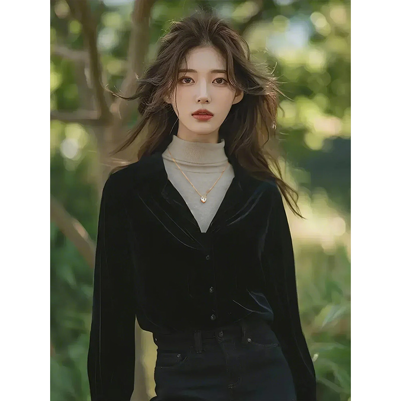 黑色V领丝绒衬衫秋冬长袖衬衣