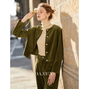 两件套 轻奢优雅风短外套阔腿裤 橄榄绿灯芯绒套装 女2025年秋冬新款