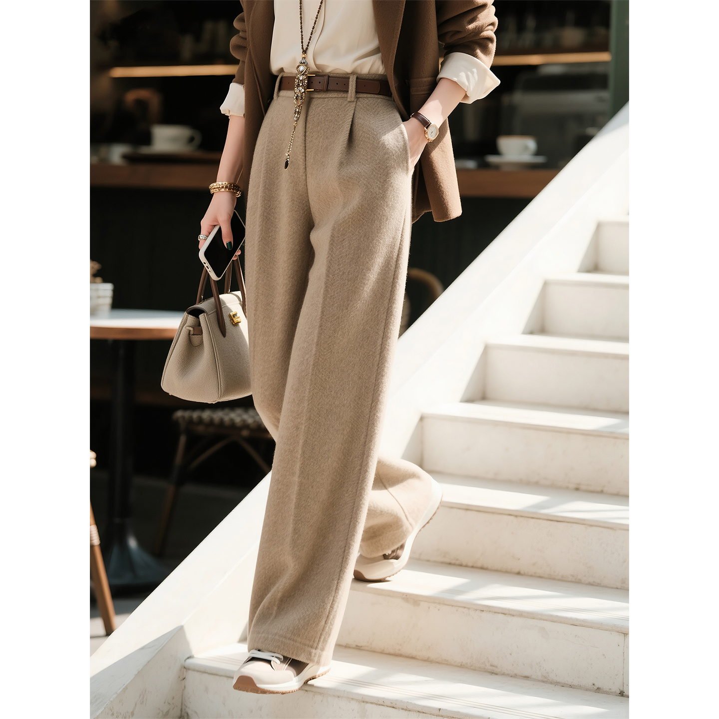 卡其色羊毛毛呢阔腿裤女2025年