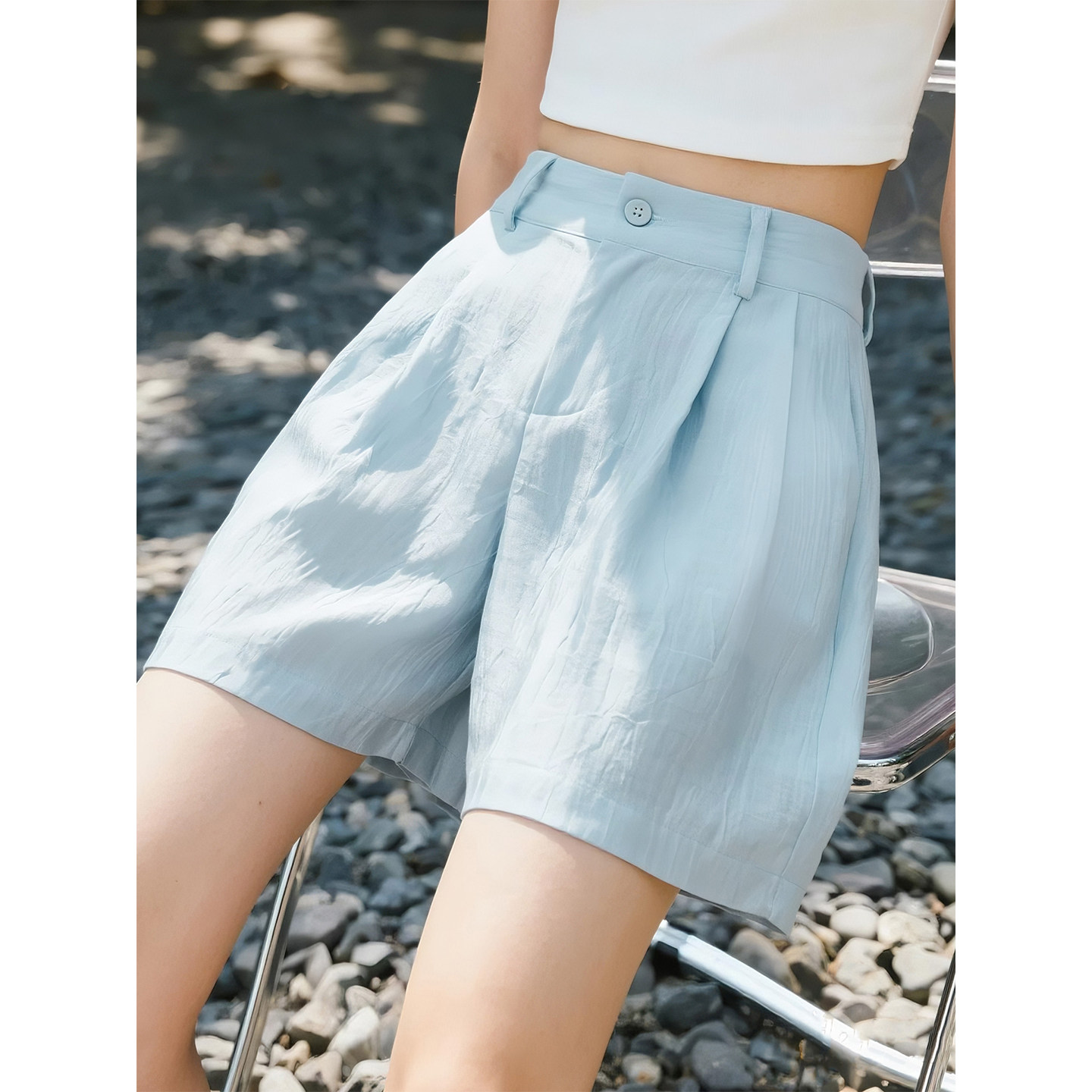 蓝色防晒短裤女2026年夏季新款高腰显瘦a字阔腿小个子五分休闲裤,女装/女士精品,休闲裤,淘宝优惠券,粉丝福利购,淘宝优惠卷