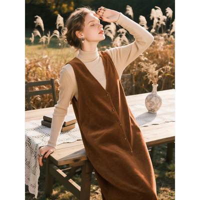 焦糖色灯芯绒背心连衣裙女2025秋