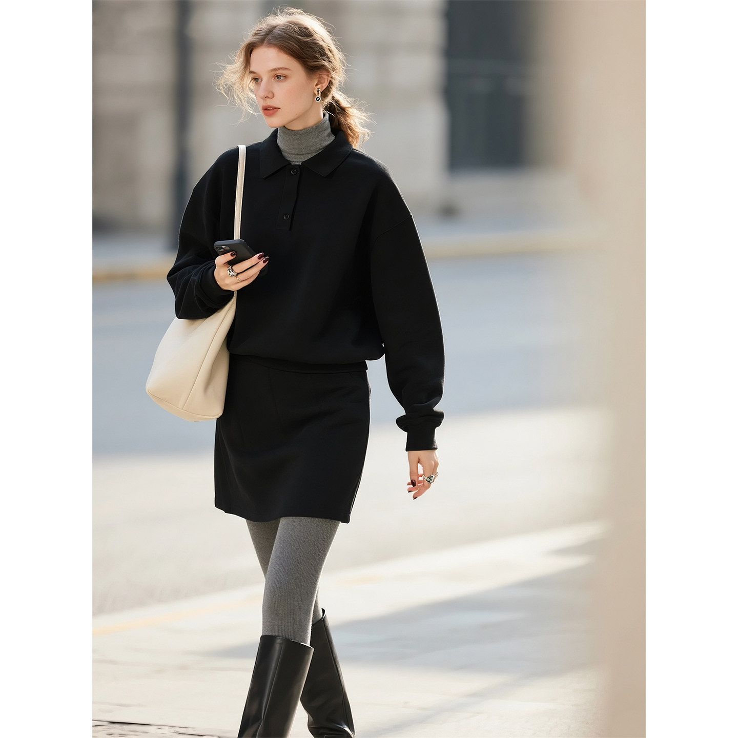 黑色POLO领羊毛卫衣套装女2026年秋冬新款休闲百搭半身裙两件套,女装/女士精品,时尚套装,淘宝优惠券,粉丝福利购,淘宝优惠卷