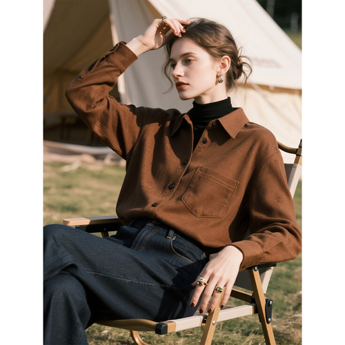 咖色灯芯绒长袖衬衫女2025年秋冬