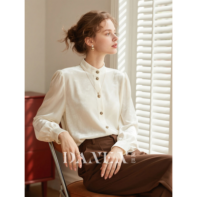 白色立领丝绒衬衫女2025年秋冬新