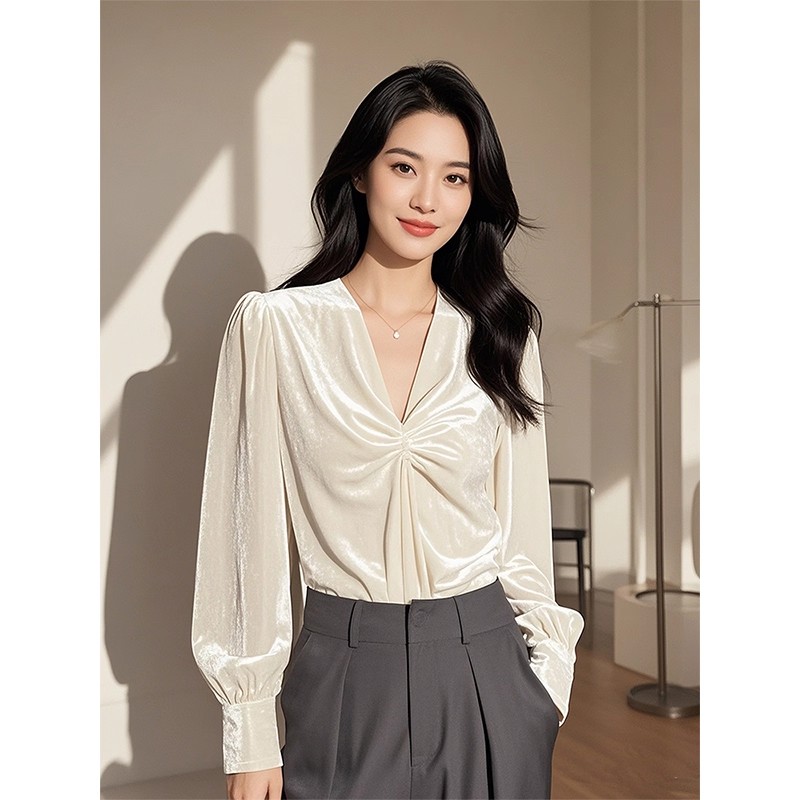 V领衬衣长袖秋冬丝绒衬衫