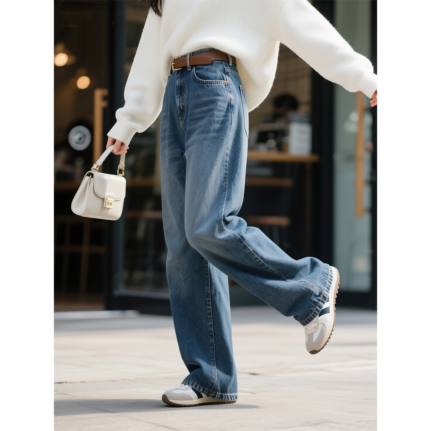 复古蓝色莱赛尔天丝牛仔阔腿裤女