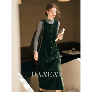 复古百搭背带裙 时尚 墨绿色灯芯绒纯棉无袖 连衣裙2025年秋冬新款