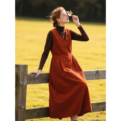 橘红色灯芯绒无袖连衣裙女2025年