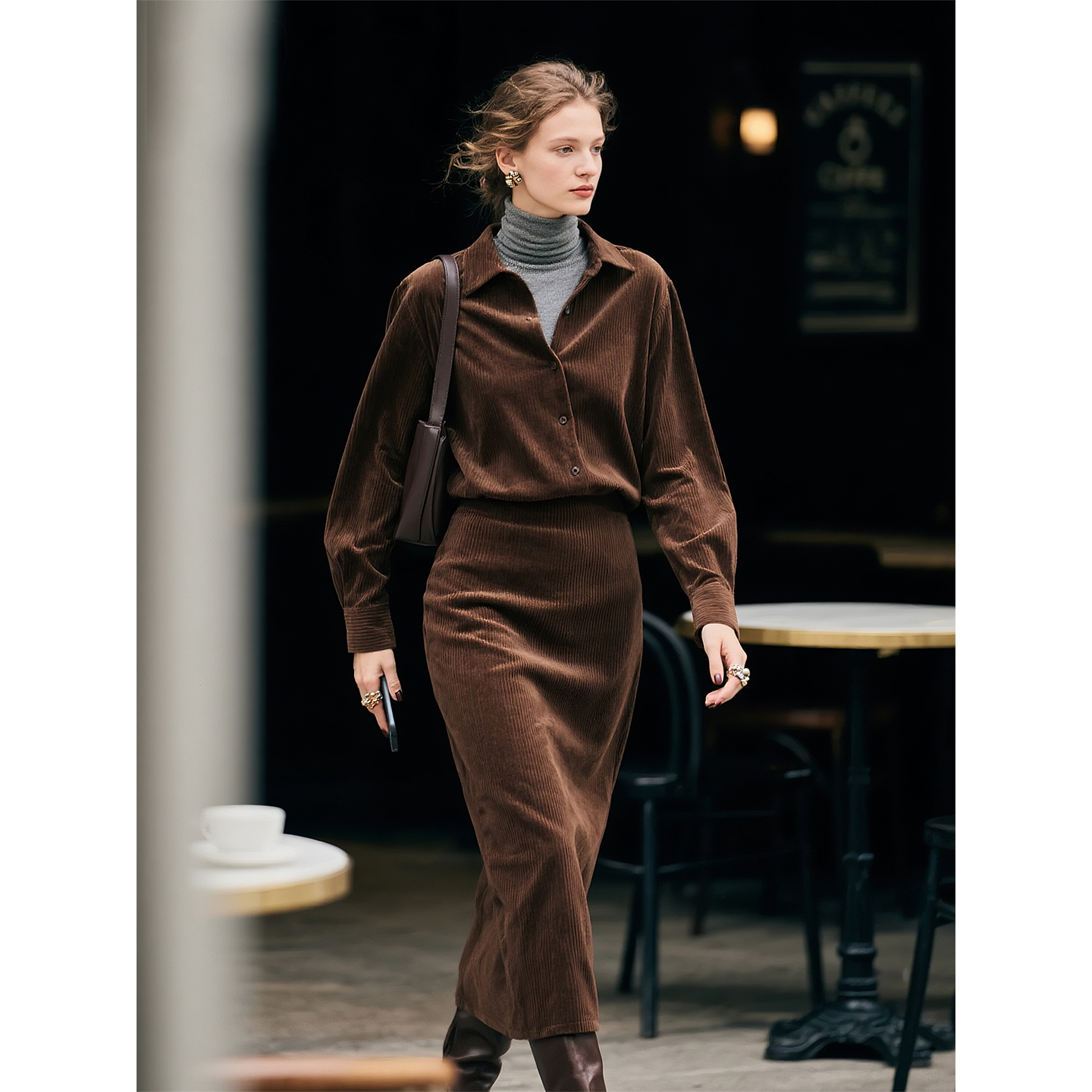 棕色纯棉灯芯绒衬衫半身裙两件套