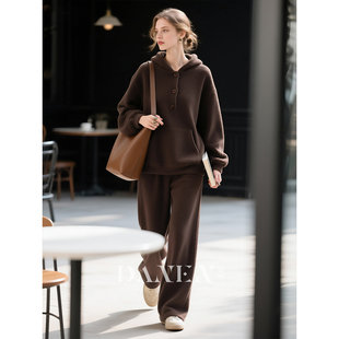 休闲两件套 轻奢高级松弛连帽卫衣长裤 深棕色套装 女2025年秋冬新款