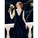 蓝色V领纯棉灯芯绒背带连衣裙女2025年秋冬新款 高级感叠穿裙子