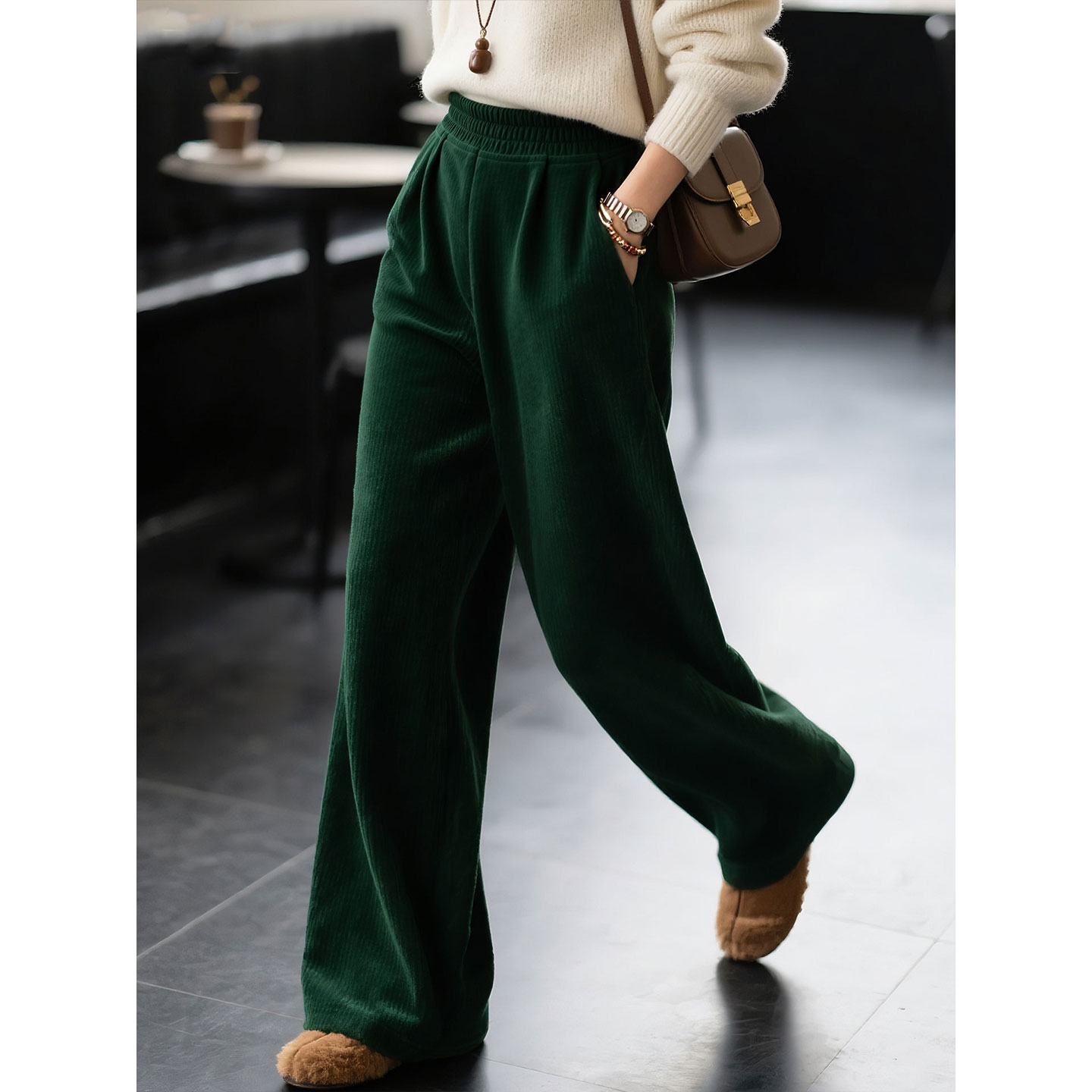 深绿色灯芯绒高腰阔腿裤女2025年