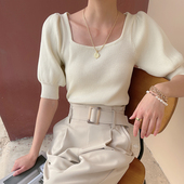 方领上衣女2026年夏季 泡泡袖 新款 法式 高级感短袖 T恤短款 针织衫