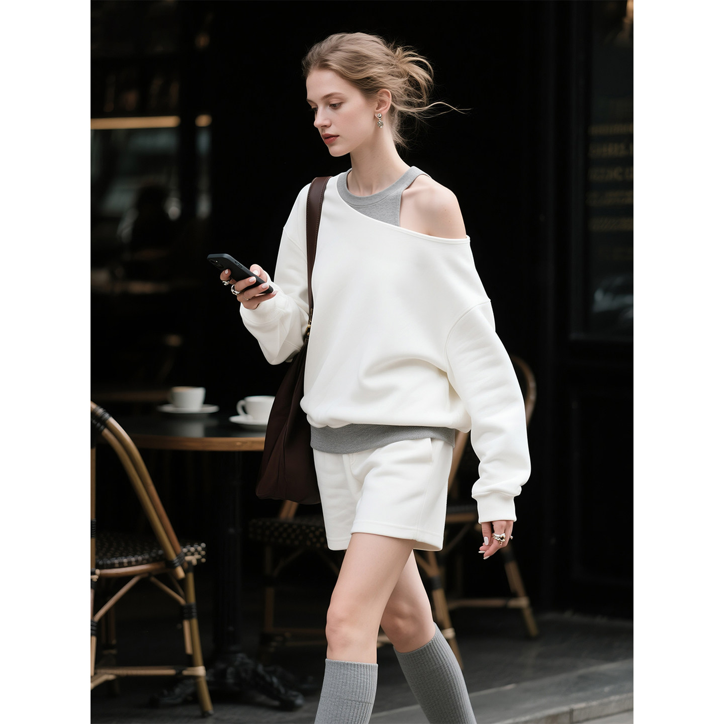 白色斜肩卫衣阔腿短裤套装女2026春季新款休闲纯棉时尚好看两件套