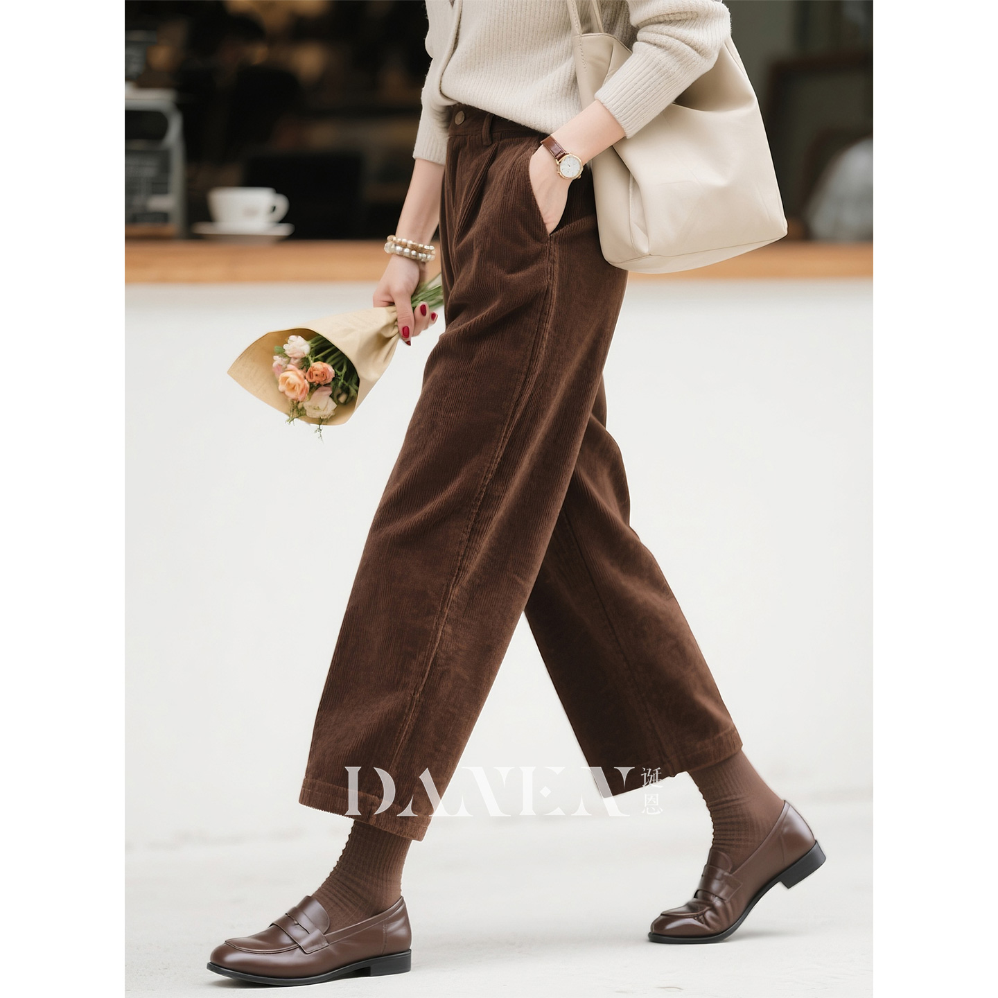 棕色灯芯绒九分阔腿裤女2025年