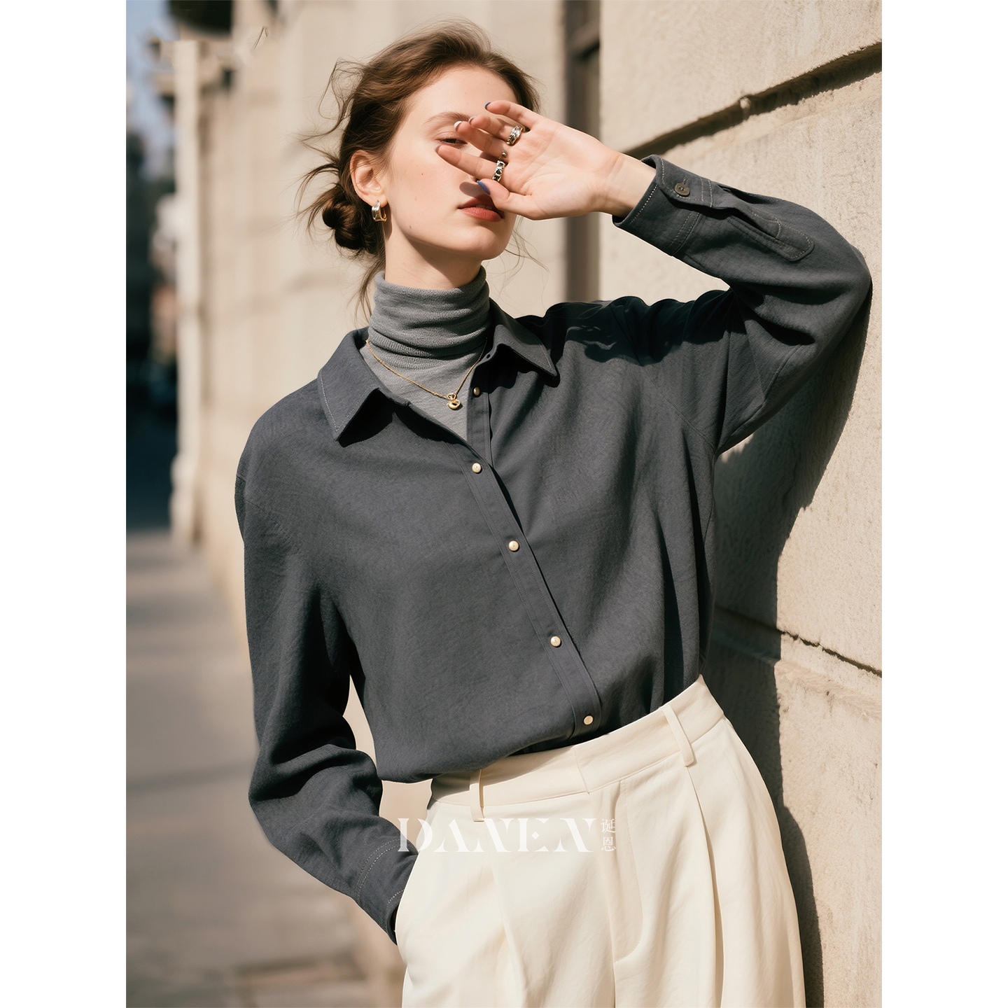 灰色磨毛长袖衬衫女2025年秋冬