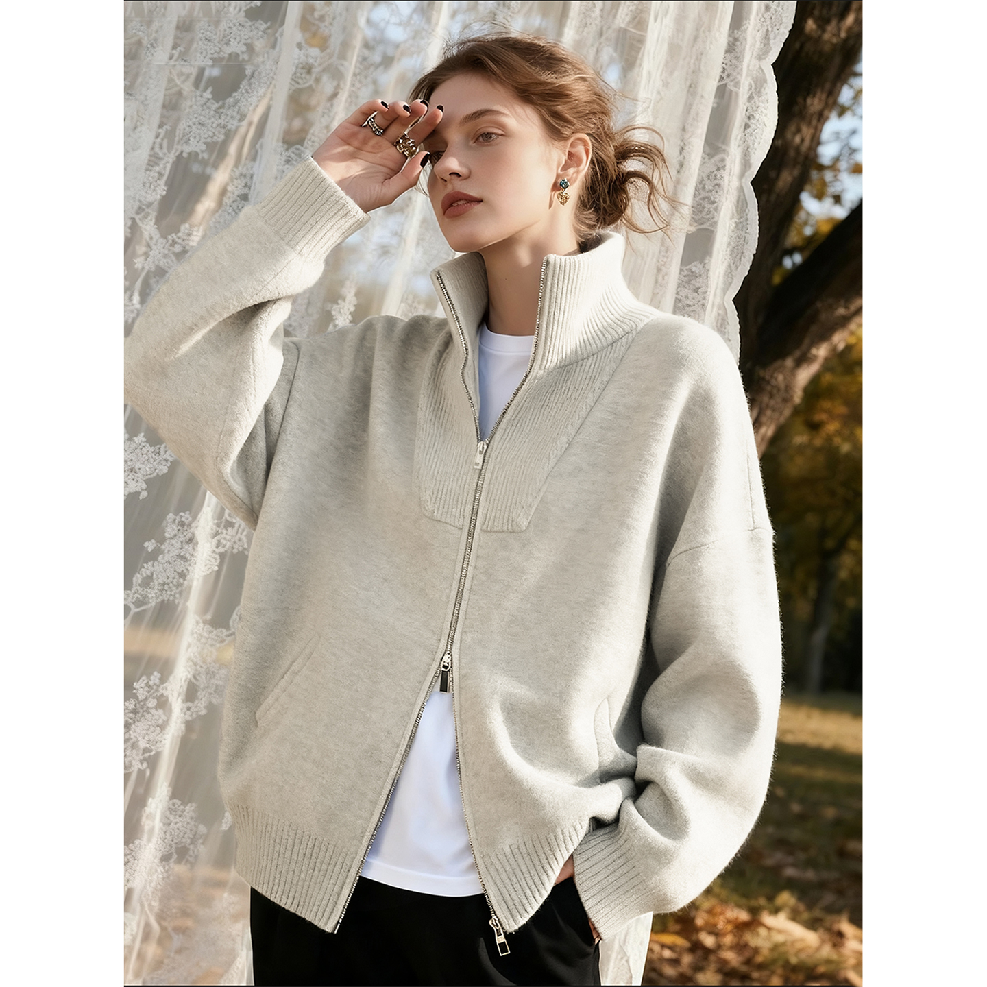 米色翻领羊毛针织开衫女2025秋冬