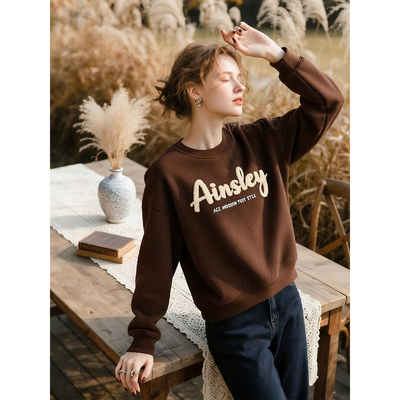 咖啡色圆领卫衣女2025年秋冬新款