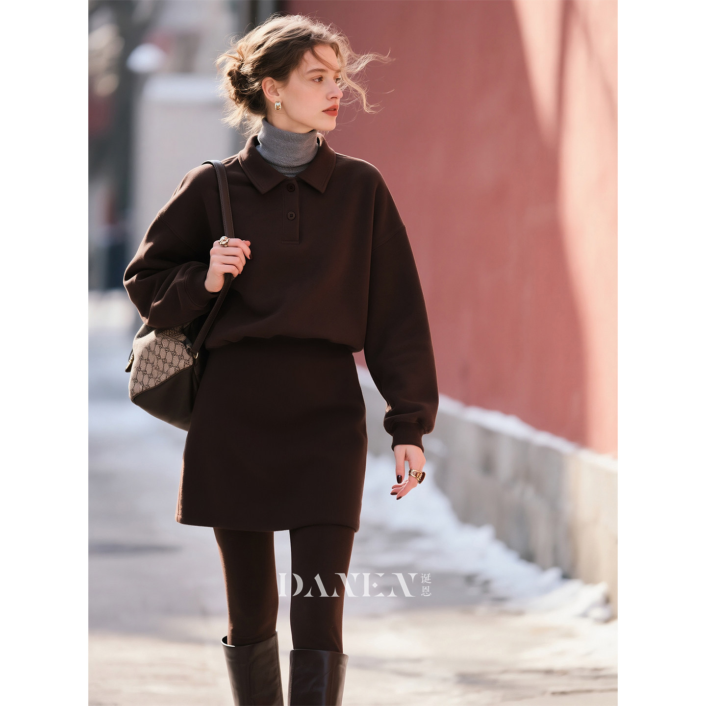 深咖色羊毛POLO领卫衣短裙套装女2026年秋冬新款时尚洋气两件套,女装/女士精品,时尚套装,淘宝优惠券,粉丝福利购,淘宝优惠卷