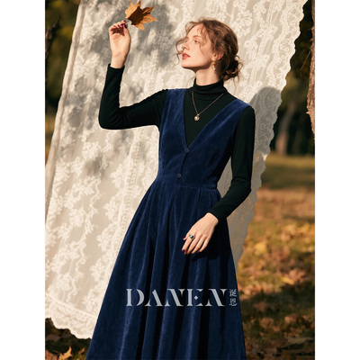 深蓝色灯芯绒V领无袖连衣裙女