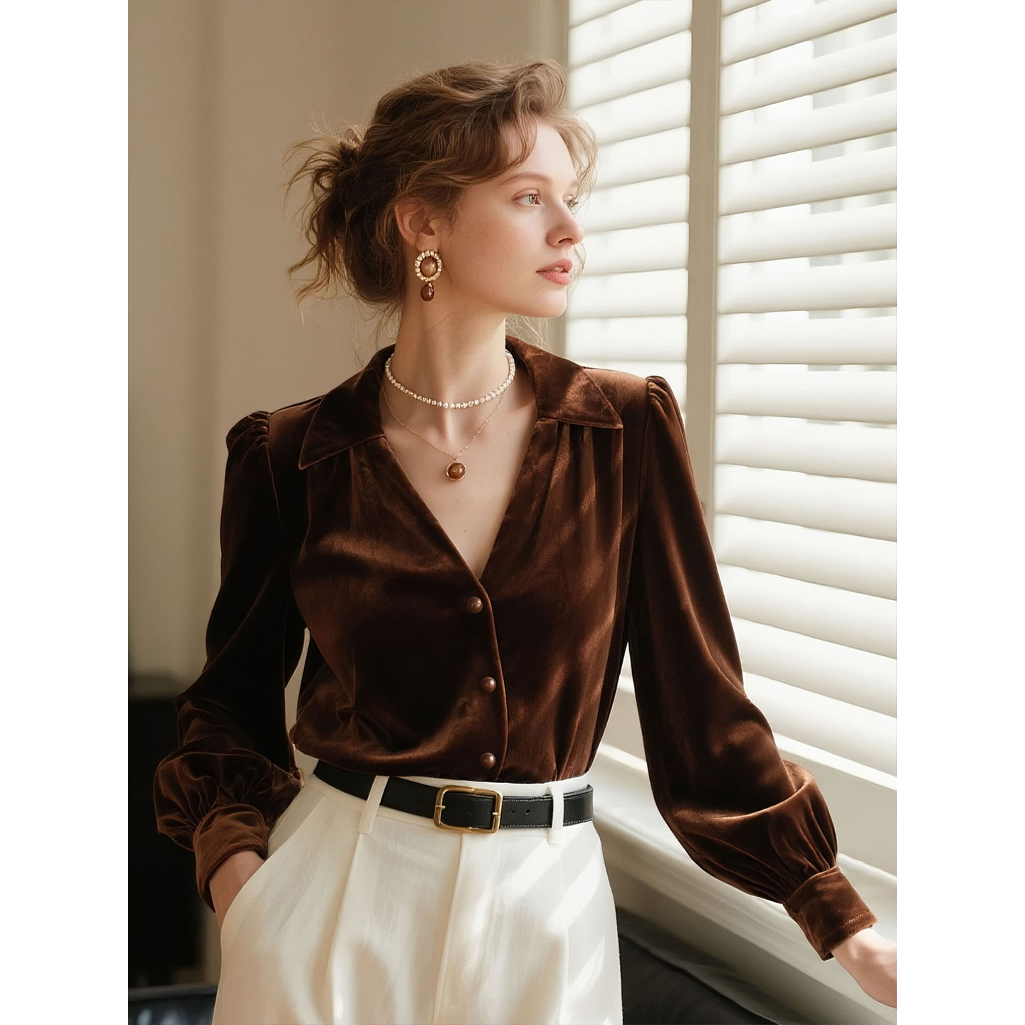 深棕色丝绒衬衫女2025年秋冬叠穿
